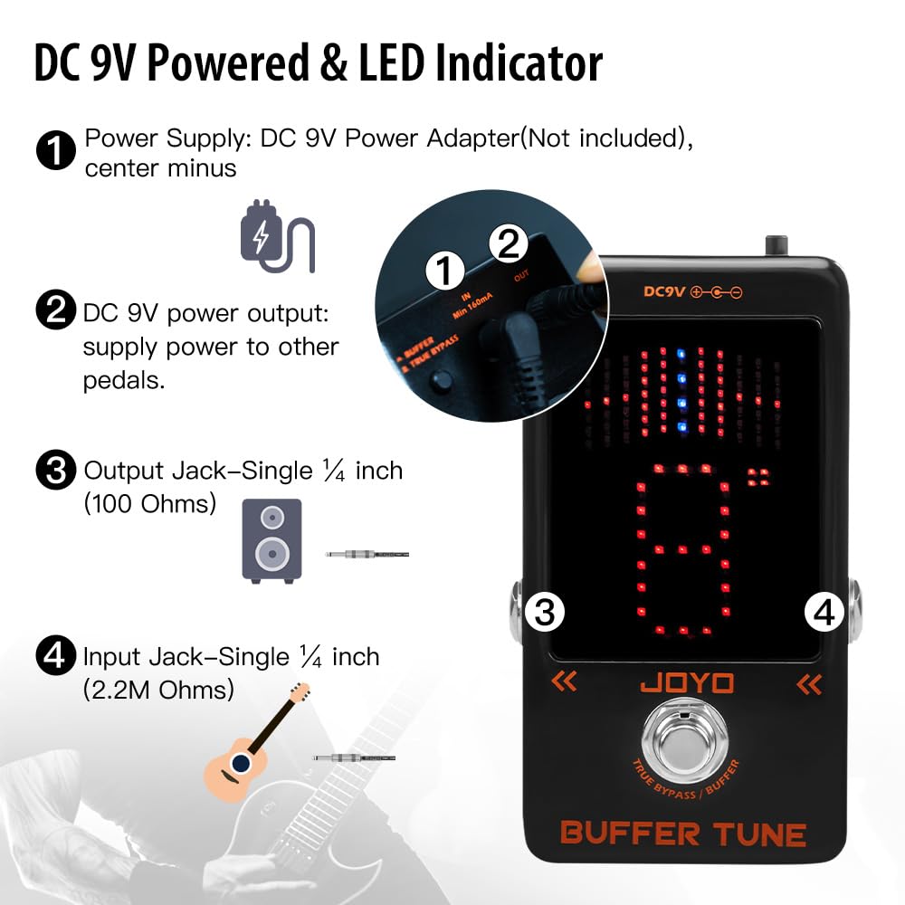 JOYO Buffer Tuner Pedal Built-in Buffer with Accurate Tuning and LED Screen for Electric Bass Guitar Effects (Buffer Tune JF-19)